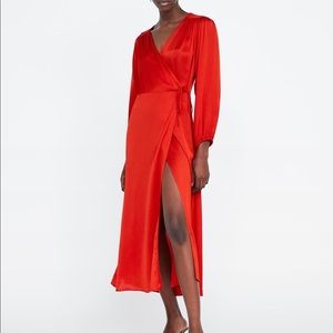 Zara v neck red satin wrap dress